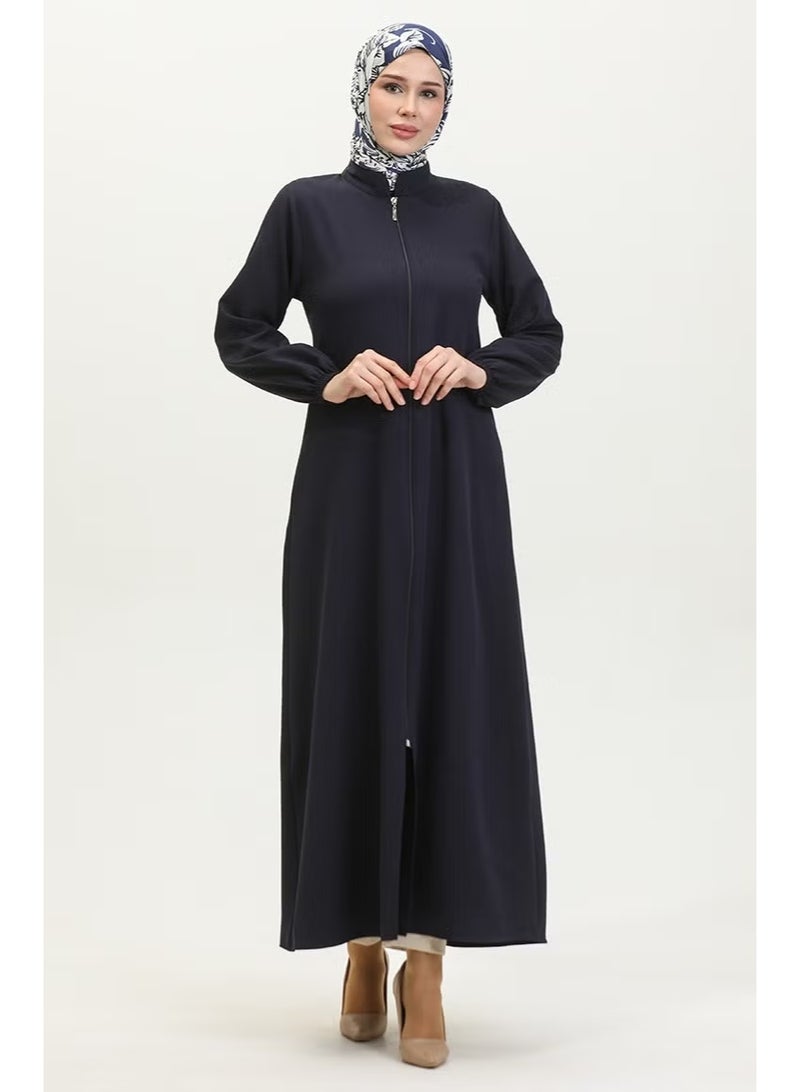 Sefa Merve عباءة بسيطة بسحاب وأكمام مرنة 1013-03 أزرق داكن - Image 1